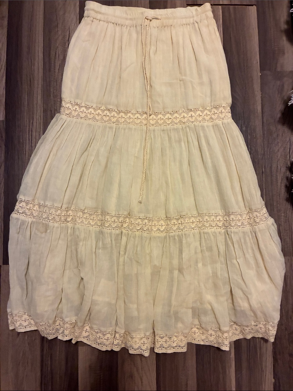 Bonjour 100% Cotton Beautiful Cream Tiered Maxi Skirt With Lace Details- Size M